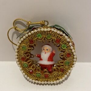 1973 Vintage Christmas Ornament Sequin Beaded Santa Wreath Kitschy Gold Chording